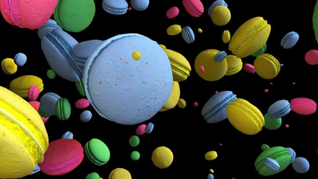 Round pastry desserts with 3d render cream are showered with bright stream in space. Festive sweetness snack for birthdays and celebrations. Delicious cookies with cream and meringue.