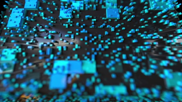 Abstract 3d render of city composition from geometric squares. Futuristic minimalist architecture design with random spread. Digital structure of computer electronic board from capacitor banks.