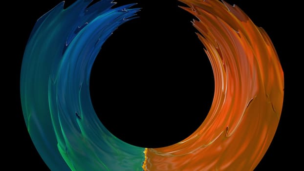 Geometric gradient waves in 3d render square textures with colorful tints. Creative cyber design with color mixing and dynamic transitions. Graphic fluid rolls over futuristic flask.
