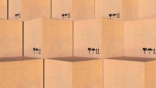 Cubes with markings for 3d render of shipment of things and goods. Storage container for delivering fragile items with gentle handling. Standard packaging for freight.