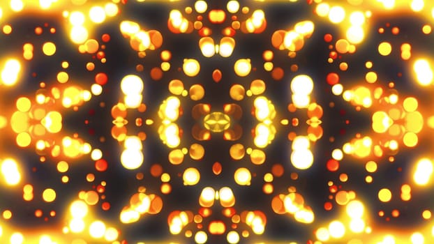 Round dust with colorful 3d render flickering moves and hovers in fabulous space. Festive luxury interior with rich bright decor. Geometric glowing balls scattering to sides.