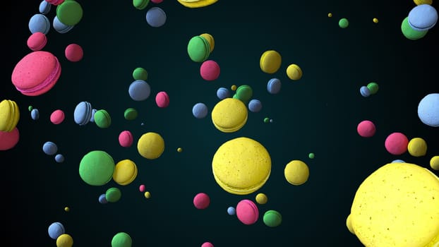 Round pastry desserts with 3d render cream are showered with bright stream in space. Festive sweetness snack for birthdays and celebrations. Delicious cookies with cream and meringue.