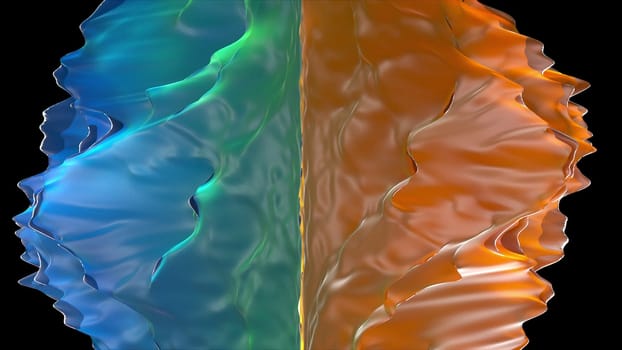 Geometric gradient waves in 3d render square textures with colorful tints. Creative cyber design with color mixing and dynamic transitions. Graphic fluid rolls over futuristic flask.