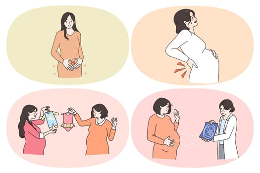 Pregnancy and expecting for baby concept. Set of happy smiling pregnant woman looking at ultrasound from doctor feeling happy expecting choosing clothes for kid vector illustration
