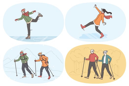 Active lifestyle and sport concept. Set of people skating on rink during winter falling down on ice hiking with sticks in mountains and in park during summer vector illustration
