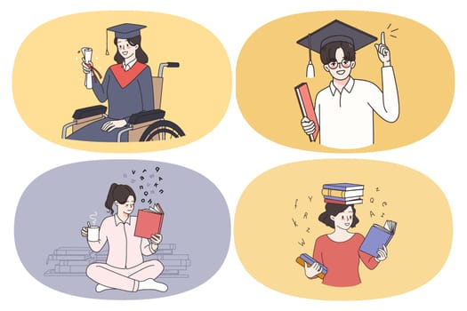 Education reading and knowledge concept. Set of young smiling people students holding diploma with honors graduating from university reading books getting knowledge vector illustration