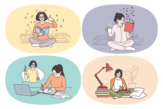 Reading books and getting knowledge concept. Set of young smiling people students pupils reading books getting knowledge doing homework learning online vector illustration