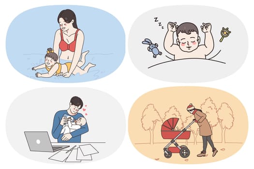 Happy parenting and childhood concept. Set of babies toddlers infants learning to swim sleeping eating milk and communicating with parents walking in park vector illustration