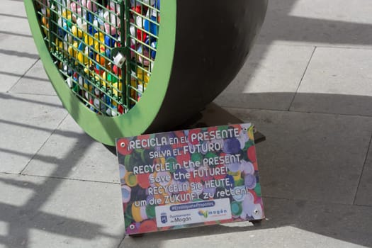 CRAN CANARIA, MOGAN - NOVEMBER 15, 2019:.Collect plastic bottle caps for a good cause and for a clean environment