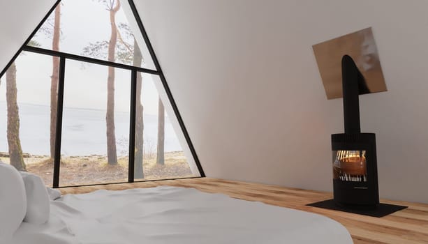 Minimalistic interior of a mini cottage with a wood burning stove and a bed. Full wall window. Winter lake view. 3d rendering