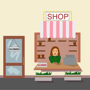 Closed shops during pandemic, sad woman behind an empty counter in a small shop. Small business crisis and bankruptcy.