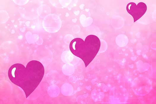 Abstract festive blur light pink background with violet hearts love bokeh and stars for wedding card or Valentines day. Romantic textured backdrop with space for your design. Card concept.