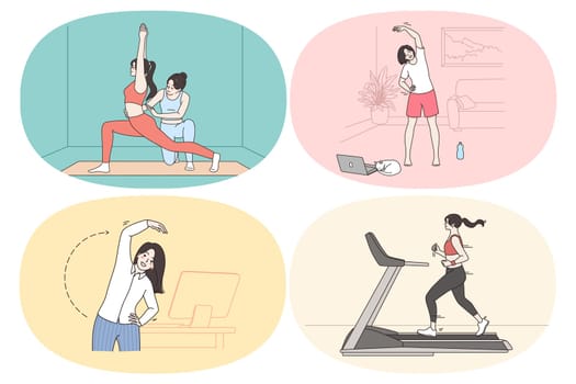 Sport at work and gym concept. Set of young women making exercises stretching jogging and practicing yoga workouts in office at home and in gym vector illustration