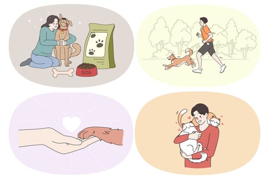 Enjoying time with pets concept. Set of positive girls and boys hugging feeding dog running in park together making friends playing and enjoying time with pets vector illustration
