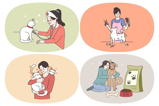 Taking care of pets concept. Set of girls and boys grooming hugging feeding dog examining cat like doctor playing and enjoying time with pets vector illustration