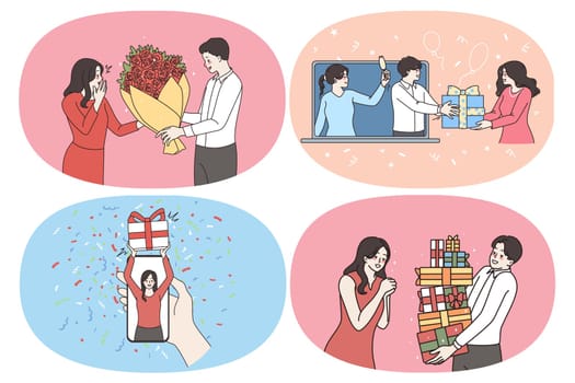 Celebrating holidays with presents and flowers concept. Set of people making and taking gifts in boxes carrying presents giving flowers to girlfriend feeling happy with surprise vector illustration