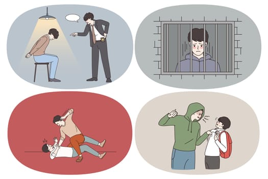 Attack crime and punishment concept. Set of criminals thieves robbers attacking people getting arrested in jail abusing people victims hitting them back trying to self defend vector illustration