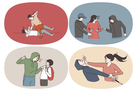 Self defence and criminals concept. Set of people criminals thieves robbers attacking people and victims trying to self defend during attack vector illustration