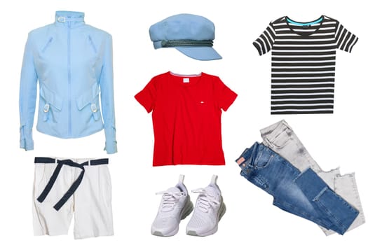 Collage woman clothes. Set of stylish and luxurious trendy women jacket, shorts, a blouse or shirts, vest, shoes, jeans and hood isolated on a white background. Latest fashion trends.