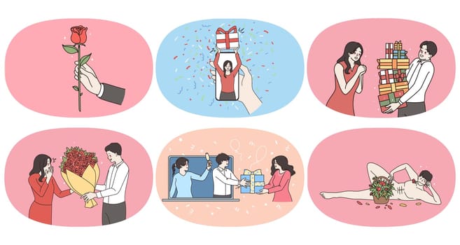 Set of loving man make surprise congratulate overjoyed wife or girlfriend with gift or flowers. Bundle of man greeting excited woman with present. Valentine day concept. Vector illustration.