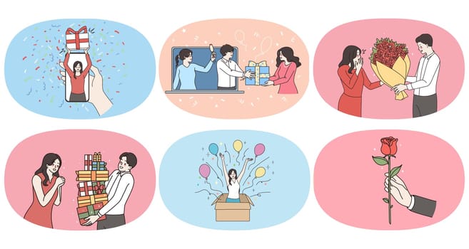 Set of attentive man congratulate greet excited beloved woman with anniversary. Collection of guy make surprise give present gift to happy girlfriend. Valentine day concept. Flat vector illustration.