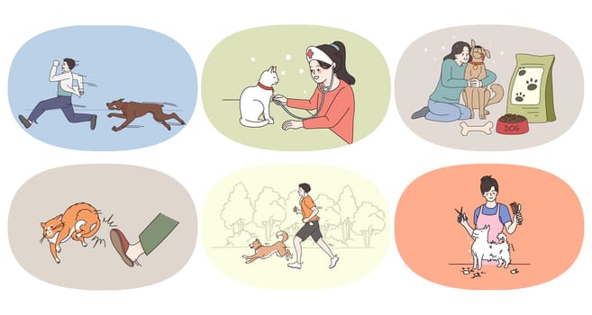 Set of diverse people take care of domestic animals