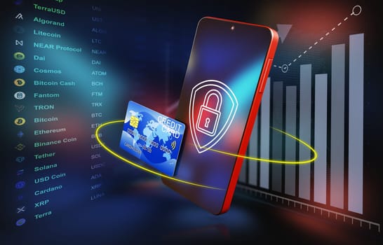 smartphone with a lock on the screen and a bank card on the background of the cryptocurrency exchange. 3d render.
