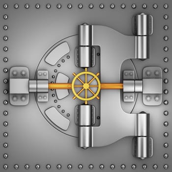 Steel bank safe with a sturdy round door. 3d render.