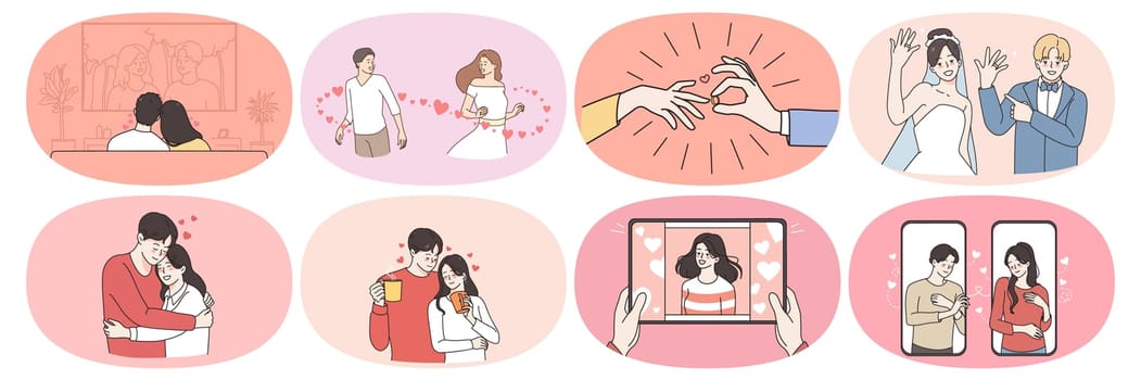 Set of happy man and woman communicate meet online on internet. Smiling couple fall in love, get engaged and marry. Relationship goal concept. Love and affection. Flat vector illustration.