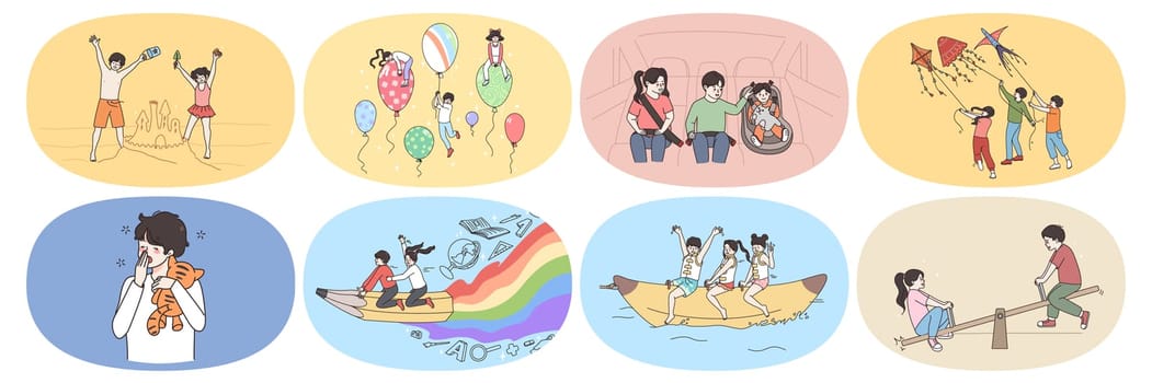 Set of little children play together in summer outdoors. Happy small kids friends have fun relax feel playful outside. Good childhood concept. Vacation and holiday. Flat vector illustration.