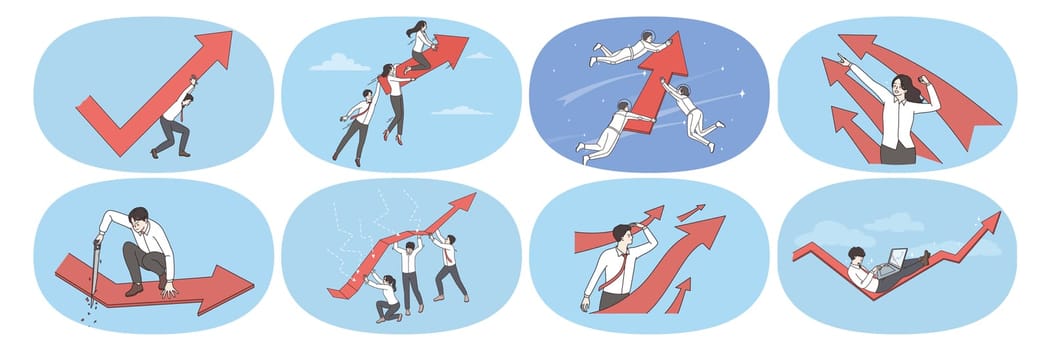 Set of businesspeople with arrow facing upward strive for business success or goal achievement. Bundle of employee or worker team work for job accomplishment. Motivation. Vector illustration.