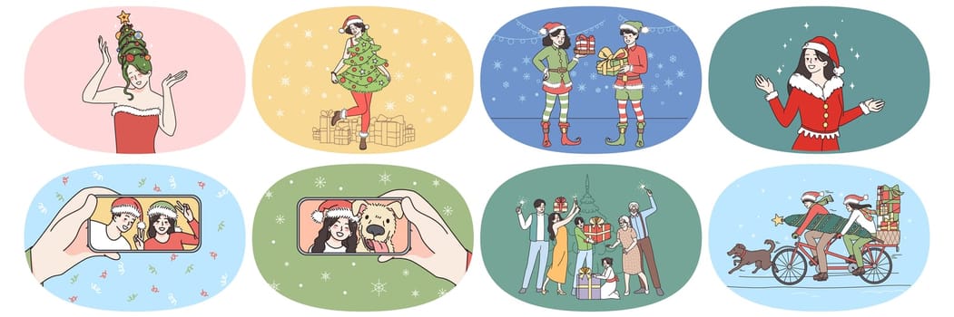 Set of happy people have fun celebrate New Year exchange presents on winter holidays. Smiling men and women enjoy Christmas celebration greeting make gift surprise. Flat vector illustration.