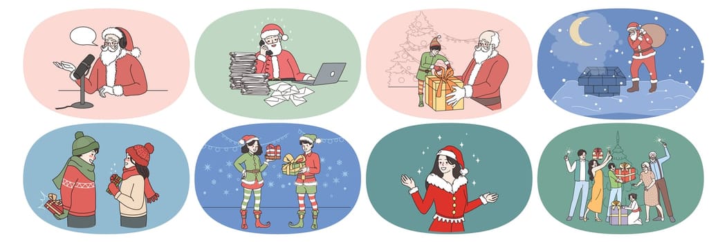 Set of old Santa Claus and elves prepare Christmas present for children on winter holidays. New Year celebration and gifts exchange. Winter holiday magic festive time. Flat vector illustration.