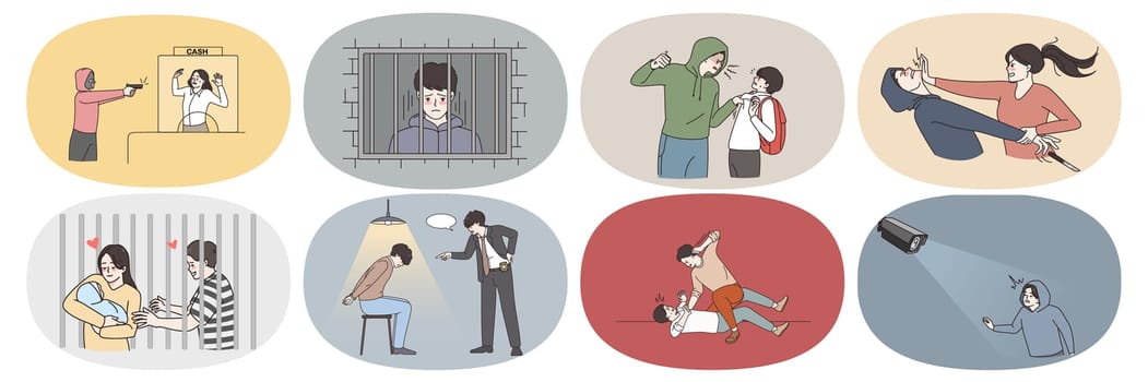 Set of criminal or bandit imprisoned for misdemeanor or crime. Collection of man burglar or thief arrested in jail or prison. Convict detention for violence and abuse. Flat vector illustration.