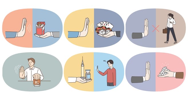 Set of people show no hand gesture to bad habits