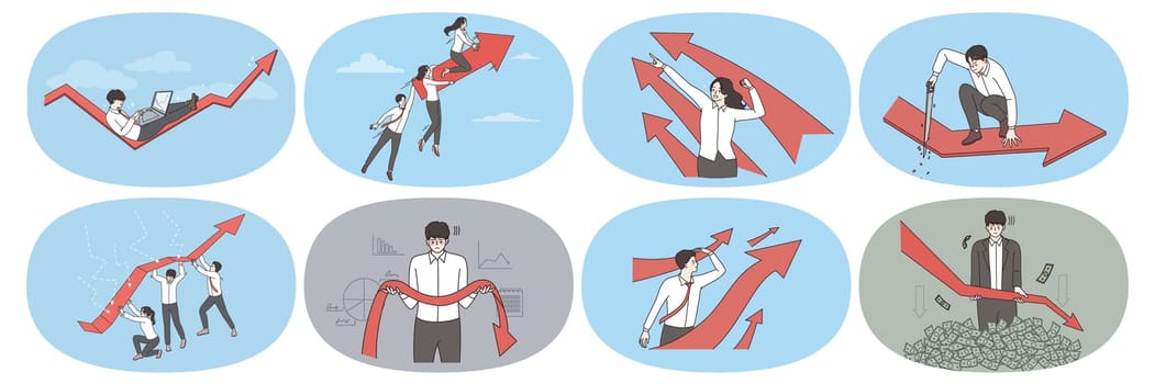 Set of businesspeople with arrows facing up motivated for success or achievement. Collection of diverse employees work for business win or victory. Successful project, teamwork. Vector illustration.