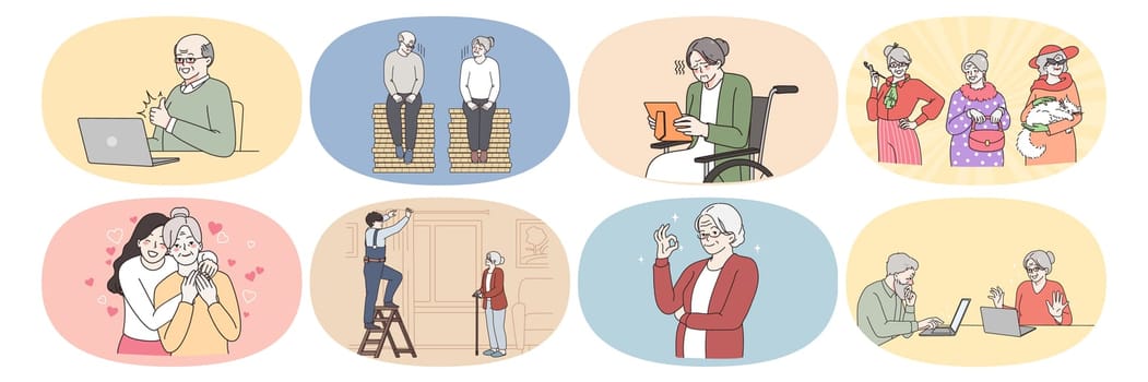 Old grey-haired grandparents enjoy happy good maturity in retirement house. Life of senior people. Saving for pension and communicating with relatives online. Elderly concept. Vector illustration.
