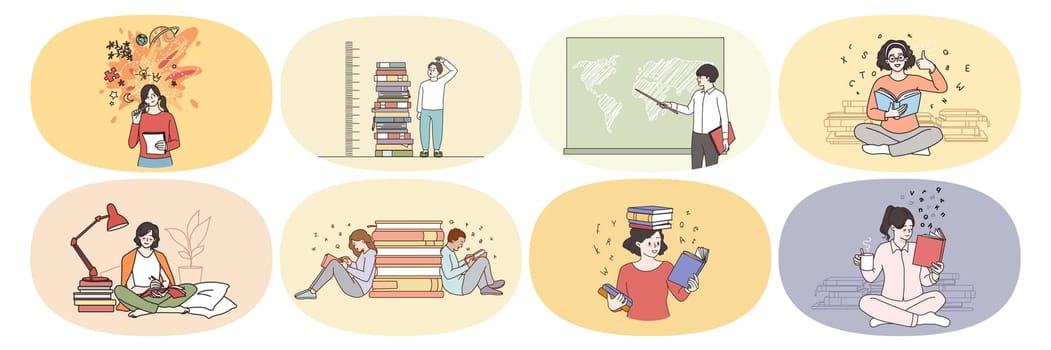 Set of diverse young people read books study prepare for exam or test. Bundle of students or pupils learn with textbooks. Education and training concept. Flat vector illustration.