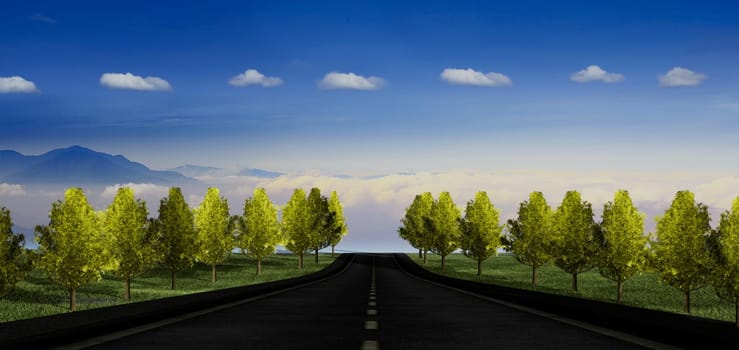 3d rendering of road in autumn with ginkgo in sunset