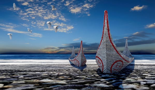 3d rendering of boat beside the beach