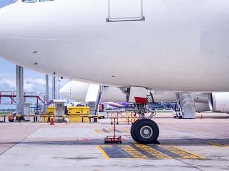 Airplane near the terminal in an airport cockpit