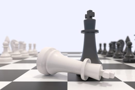 Two chess pieces on a chessboard. White king laying down and black king standing up. Victory, competition, discussion, agreement and confrontation concept. 3D illustration.