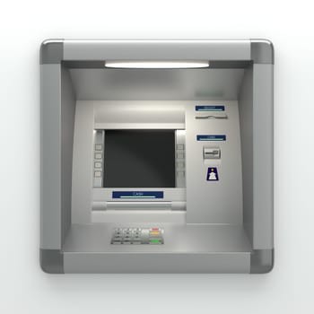 Atm machine with a card reader. Display screen, buttons, cash dispenser, receipt printer. Pin code safety, automatic banking, electronic cash withdrawal, bank account access concept. 3D illustration