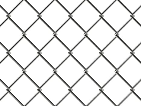 Chain link fence pattern. Industrial style wallpaper. Realistic geometric texture. Steel wire wall isolated on white. 3D illustration.