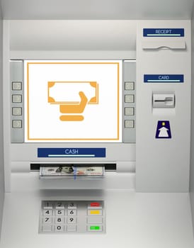 ATM machine with banknotes and money withdrawal icon in the money slot. Online payment, giving money returning bank debt cash withdrawal deposit, transfer funds, concept. 3D illustration