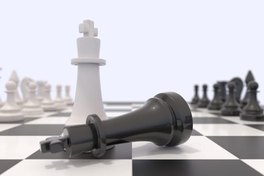 Two chess pieces on a chessboard. Black king laying down and white king standing up. Victory, competition, discussion, agreement and confrontation concept. 3D illustration.