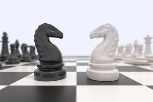 Two chess pieces on a chessboard. Black and white knights facing each other. Competition, discussion, agreement or opposition and confrontation concept.