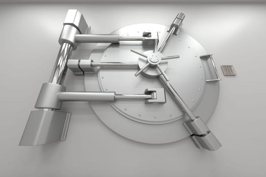 Bank vault door. Closed safe. Safety, insurance and security of savings and investments concept. Protection against robbery and breaking in.