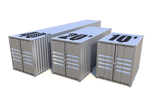 Set of 3 ship cargo containers 10 20 40 feet length. Grey metallic freight box isolated on white background. Marine logistics, harbor warehouse, customs, transport shipping concept. 3D illustration