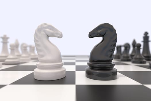 Two chess pieces on a chessboard. Black and white knights facing each other. Competition, discussion, agreement or opposition and confrontation concept.